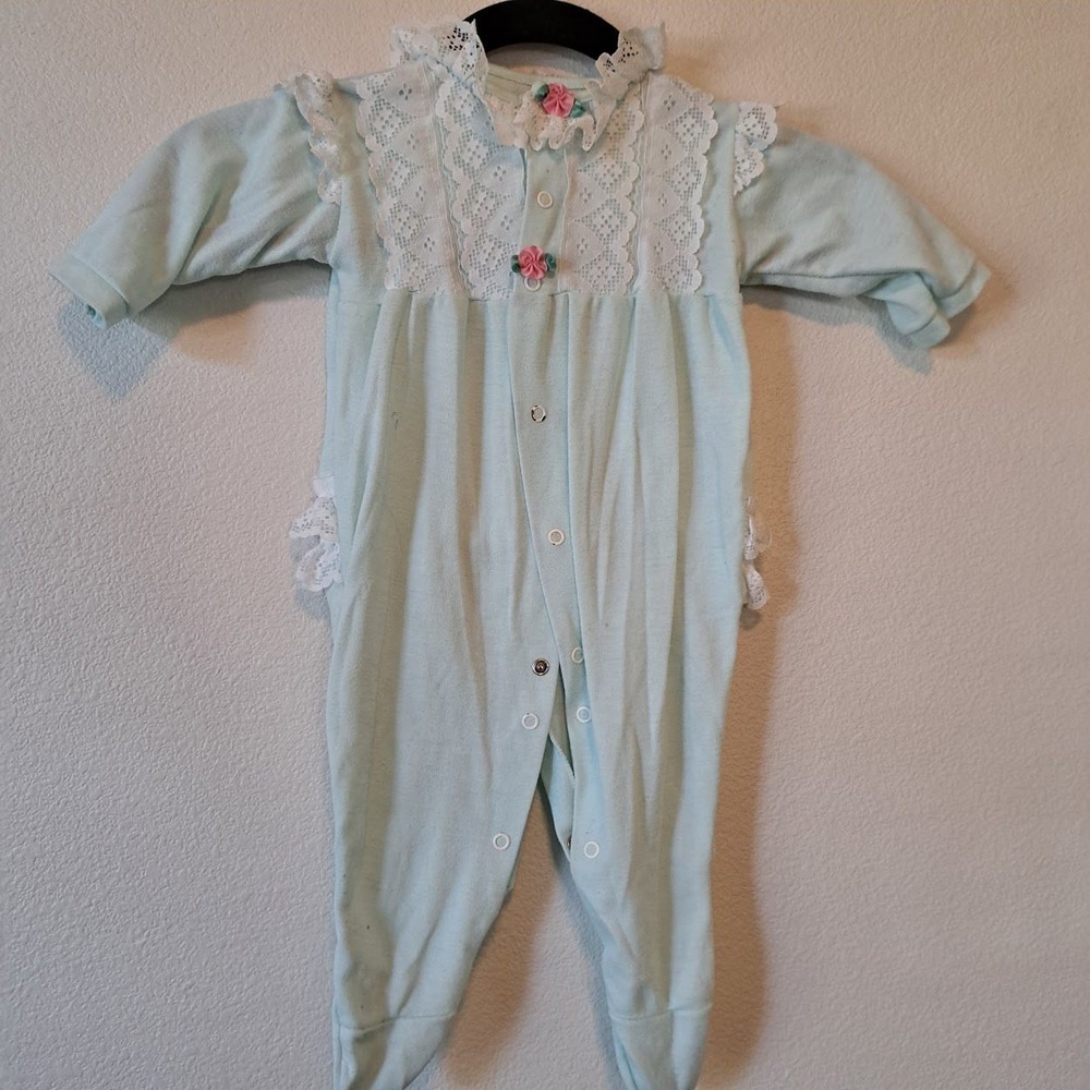 Vintage Trimfit Sleep & Play Mint Green Lace Floral Footie‎ Sleeper USA Large